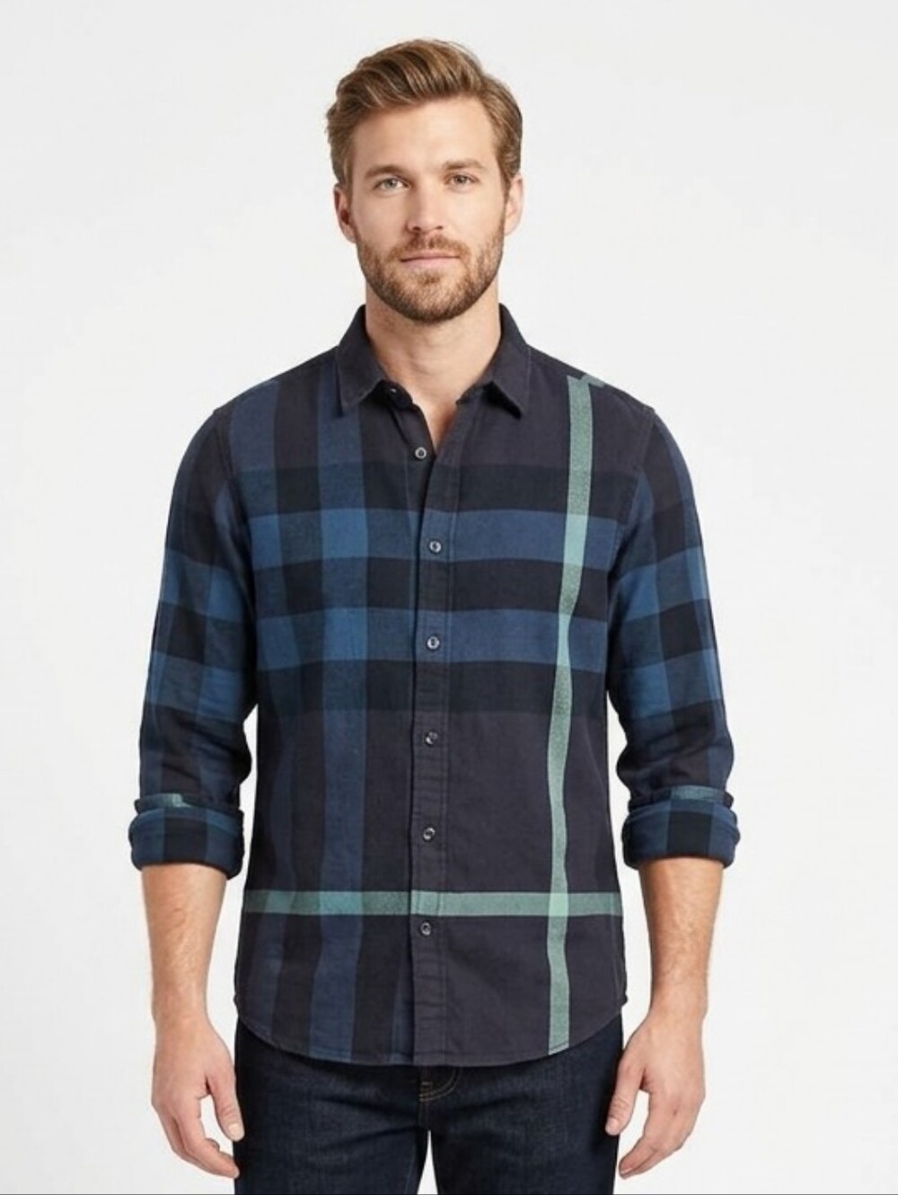 Burberry Navy, Blue & Green Plaid Slim Straight Jeans